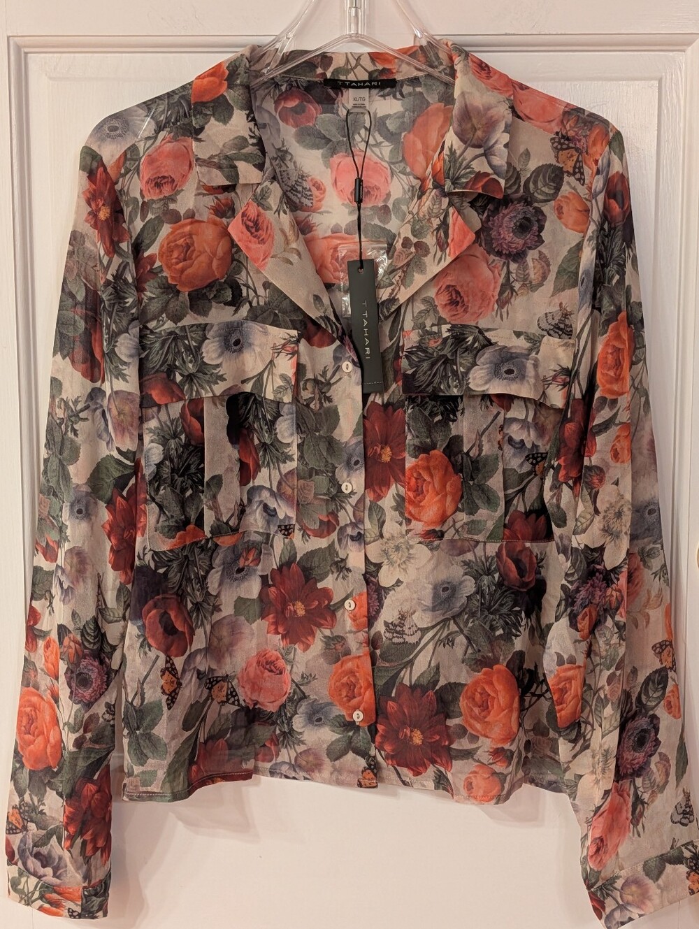 NWT T Tahari Sheer Floral Print Button-Down Blouse Sz XL